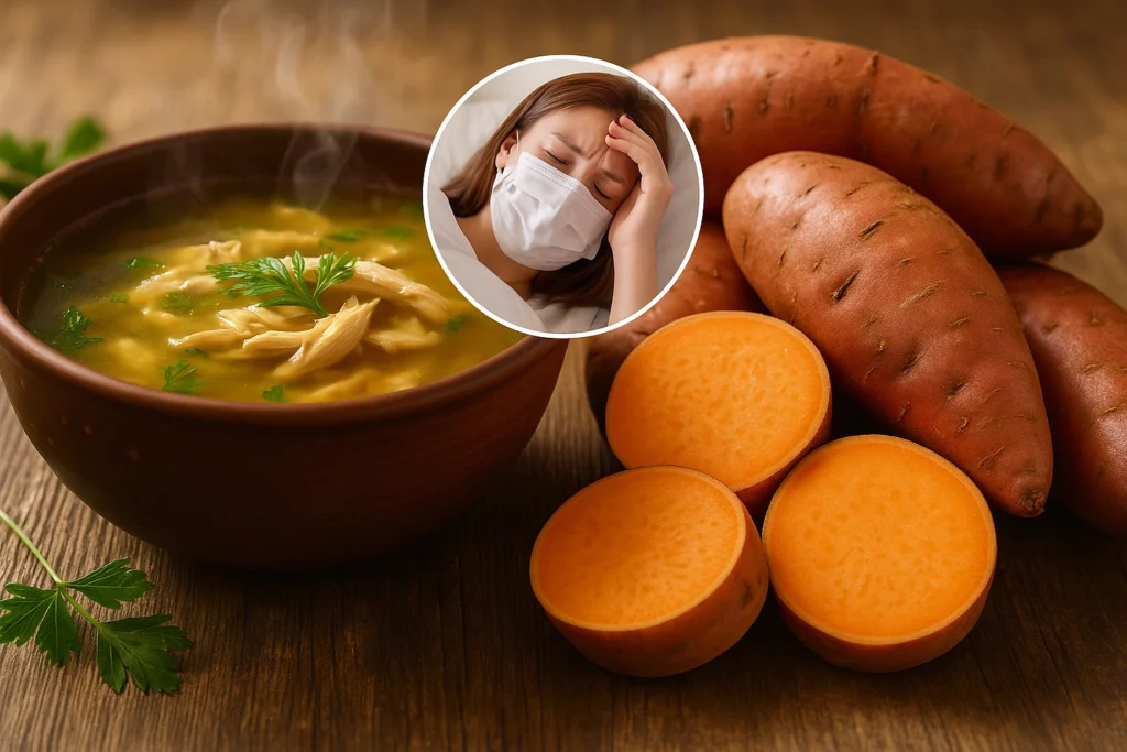 Csirkehúsleves és édesburgonya – természetes támogatás a láz korai jeleinél